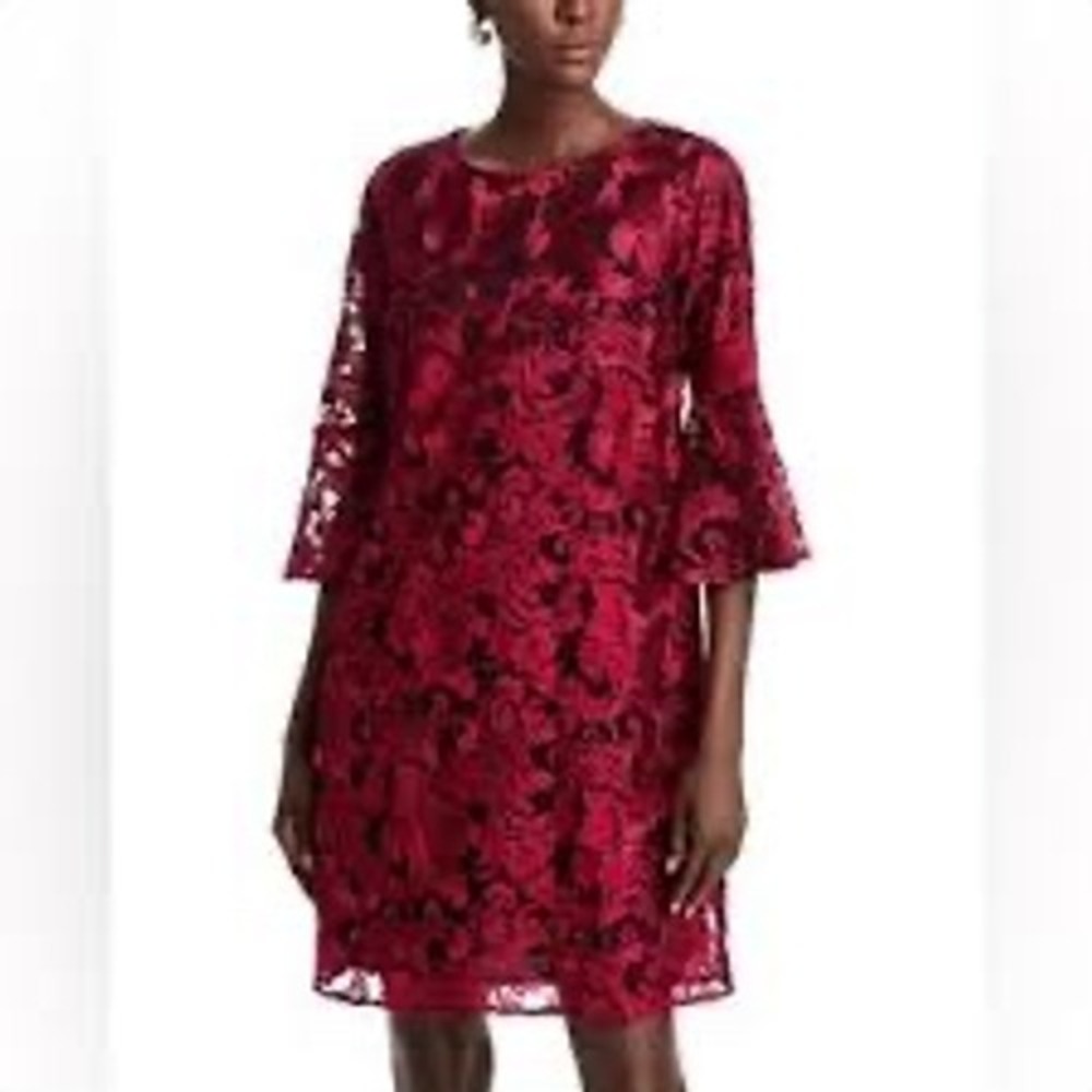 Caroline Rose Bella Soirée Embroidered mesh lace 3/4 bell sleeve shift‎ dress M